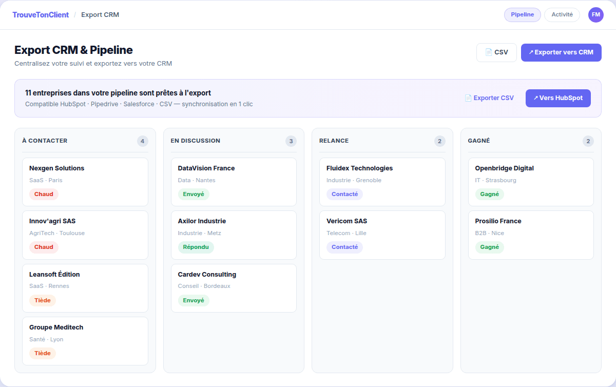 Vue CRM et suivi commercial TrouveTonClient